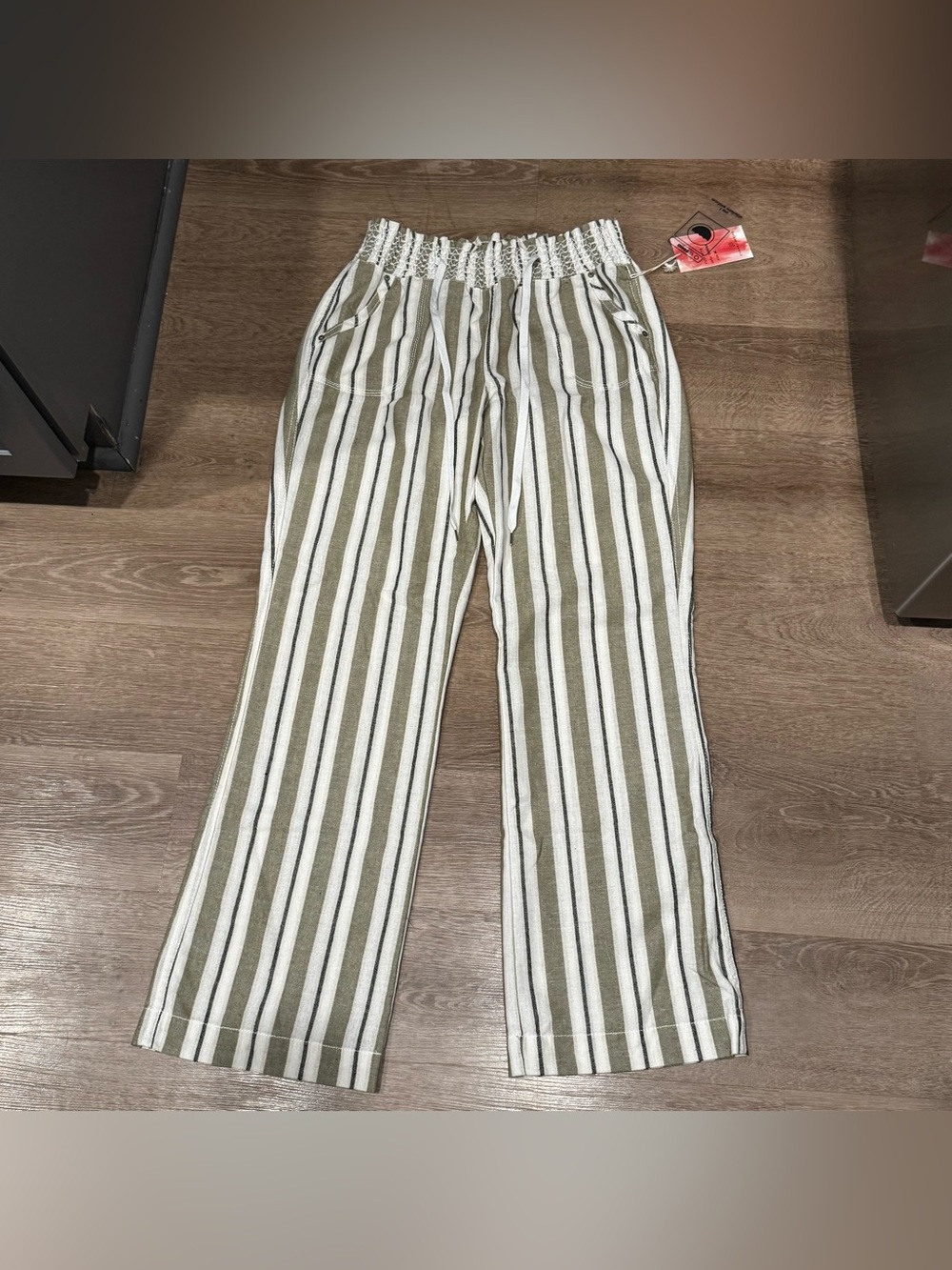 Ci Sono Olive & White Striped Wide-Leg Pull-On Pants